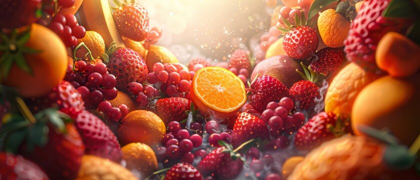 Colorful mix of fruits and wild berries spread on water splash. For presentation product arch
