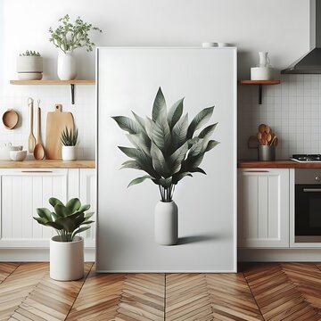 A picture of a plant in a white vase in a kitchen unique creative.