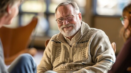 Obraz premium Elderly man talking with friends in retirement communities