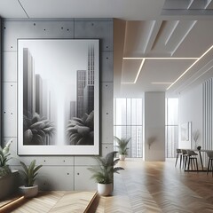 A room style interior set design with a large picture on the wall informative informative.