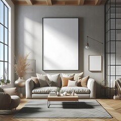 A living room style interior set design with a mockup poster empty white and with a large picture frame decoration Vibrant informative Vibrant .