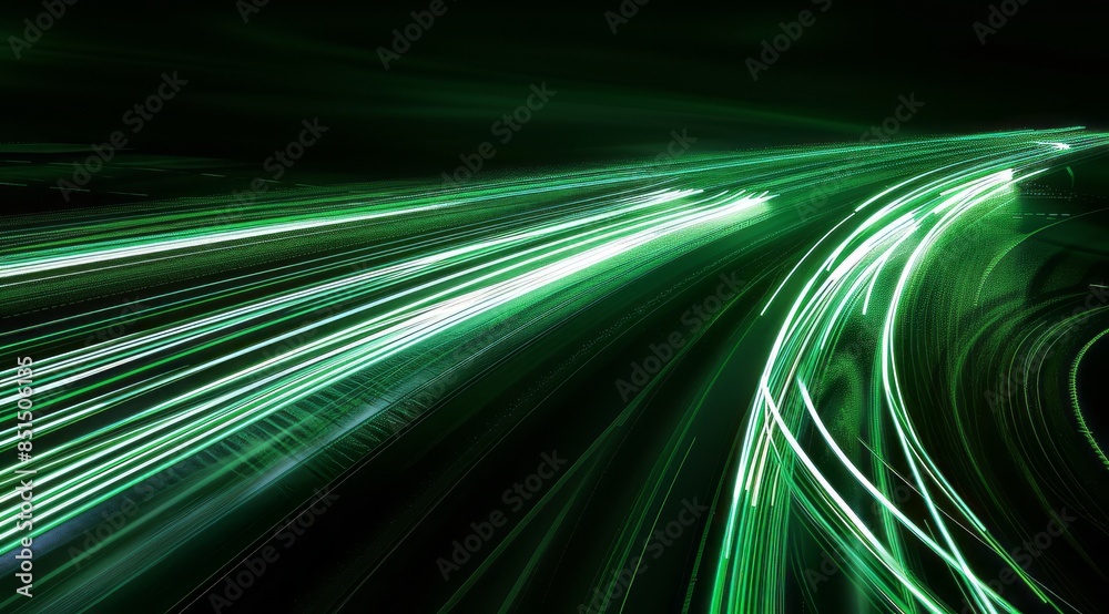 Wall mural long exposure photo of green light trails on a highway, taken with a slow shutter speed and using ne
