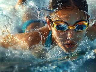 Fototapeta premium South East Asian woman winning a gold medal in swimming, realistic depiction, intense focus and joy, lifelike lighting, dynamic water effects, vivid colors