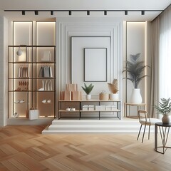 A room style interior set design with shelves and shelves and a picture frame decoration optimized informative.