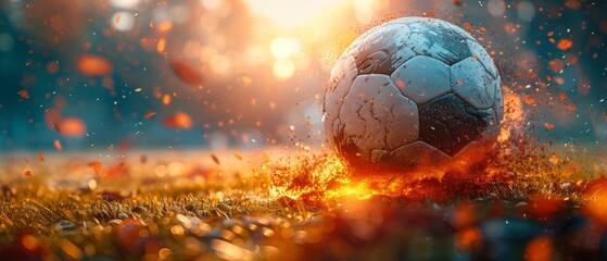 Naklejka premium Fiery Game: A Soccer Ball Engulfed in Flames, Capturing the Explosive Energy and Passion of the Sport on the Field. Energy Sport 