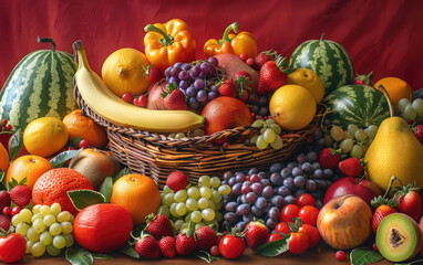 Lots of fruits on table. Created with Ai