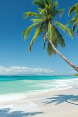 A breathtaking seascape featuring a sandy beach, palm trees, and tranquil turquoise waters under a clear blue sky.