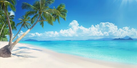A tropical seascape with a sandy beach, clear blue waters, and palm trees under a sunny sky, offering a perfect vacation setting.