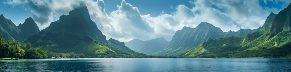 An inspiring panorama of mountains and a tranquil lake surrounded by lush greenery and reflected skies.
