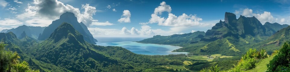 A stunning view of a mountainous island surrounded by clear blue waters, perfect for a tropical vacation.