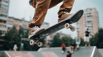 A skateboarder mid-air in an urban skate park, showcasing dynamic action and street culture with buildings in the background