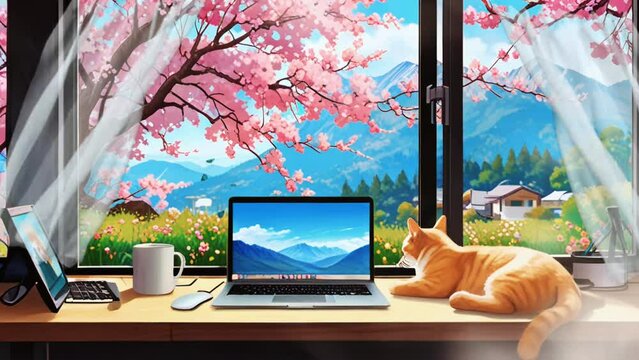 view from the window with cherry blossoms and mountains in the background, with a seamless looping virtual 4k video animation background.