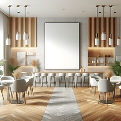 A space for restaurants cafe drinks and fast food room with poster mockup white combined with tables and chairs informative optimized Vibrant.