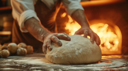 A baker kneads a dough ball in front of a wood-fired oven, preparing it for baking
