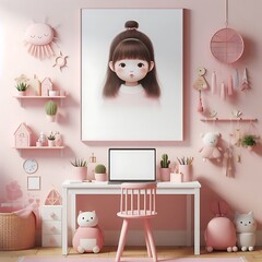 A pink room with a desk and a picture of a girl informative unique creative engaging creative.