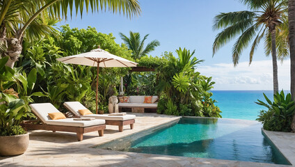 Swimming pool on a tropical beach with palm trees