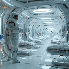 Fototapeta premium A pristine futuristic medical facility with robotic surgeons and advanced diagnostic machines. The interior is clean and sleek, with white and silver tones.