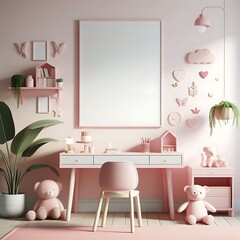 A pink room with a desk chair and A chair and poster mockup and a picture frame decoration informative unique creative engaging.