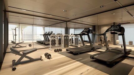 Fototapeta premium modern home gym with sleek equipment, a mirrored wall, and ample space for various workouts