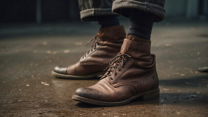 person in boots, closeup of a mans brown leather boots