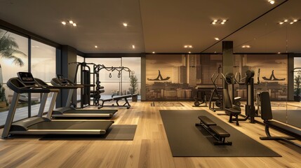 modern home gym with state-of-the-art equipment, motivational wall graphics, and a dedicated area for yoga and stretching