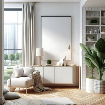 A room style interior set design with a white chair and a large plant unique.
