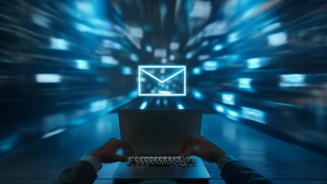A vibrant digital mail concept with colorful envelopes surrounding a computer screen in a modern, artistic workspace.