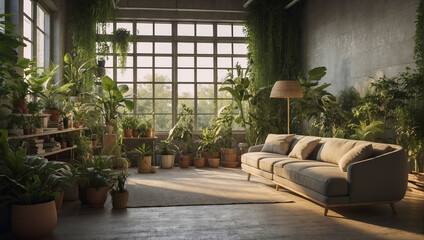 modern living room filled with plants and flowers, sunlight shining through window, eco-friendly house interior