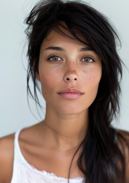 portrait en gros plan d'une belle jeune femme brune bronz&eacute;e au regard intense