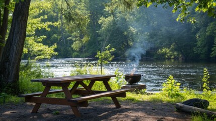 Obraz premium Picnic table with and barbecue grill near the forest river