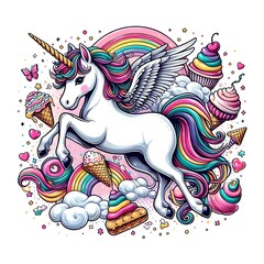 A unicorn with wings and rainbow hair and ice cream creative highquality engaging.