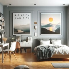 Bedroom sets have template mockup poster empty white with Bedroom interior and a desk and a picture on the wall art photo photo attractive.