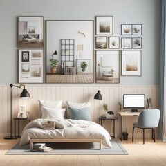 Bedroom sets have template mockup poster empty white with Bedroom interior and a computer image art attractive lively card design.