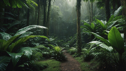 tropical rainforest with trees in the morning, exotic plants in the jungle, natural landscape backgrounds