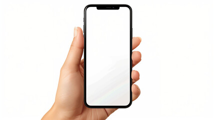 A hand holding a cell phone with a white background. The phone is black and has no screen