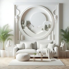 A white room with a couch and a round wall with plants creative informative creative Vibrant.