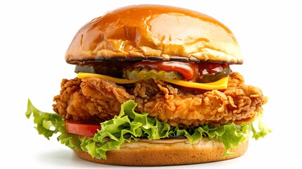 Fresh crispy fried chicken burger flying ingredients