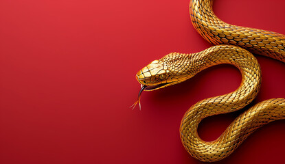 Obraz premium Golden snake isolated on red background. New year 2025 concept.