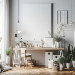 A work office room There is an poster empty white with a desk and A chair and poster mockup and a poster highquality unique creative.