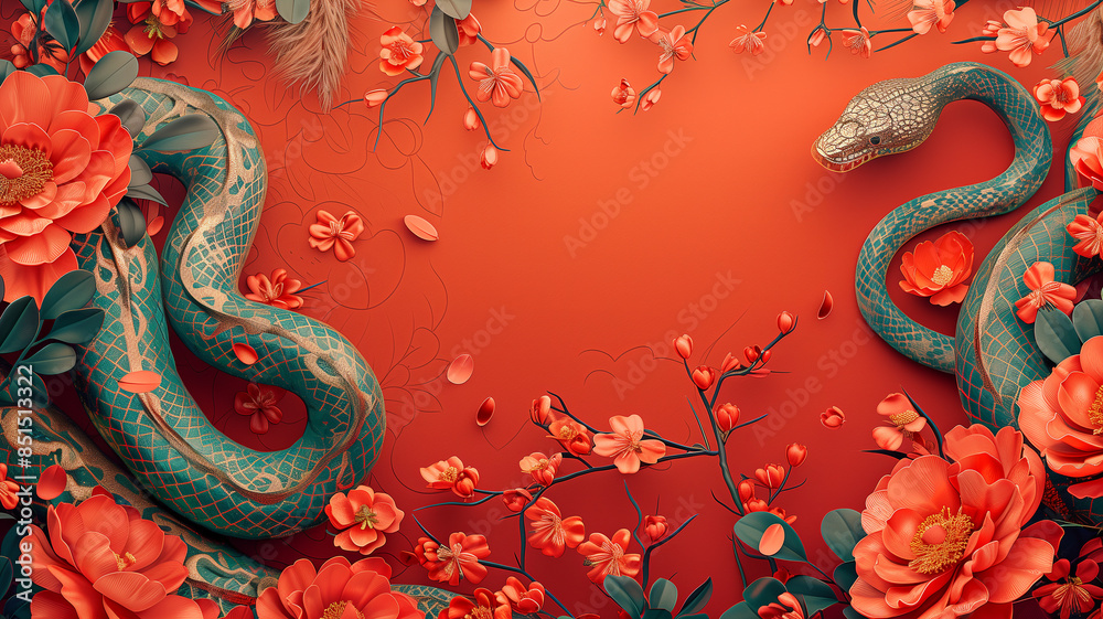 Sticker Green snake isolated on red New Year background.