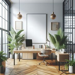 A work office room There is an poster empty white with a desk and plants highquality engaging creative engaging optimized.
