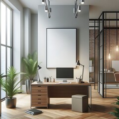 A working room there is an poster empty white with a computer and plants highquality engaging creative unique Vibrant.