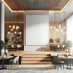 A space for restaurants cafe drinks and fast food room with poster mockup white combined with tables and chairs and a poster creative engaging unique creative.