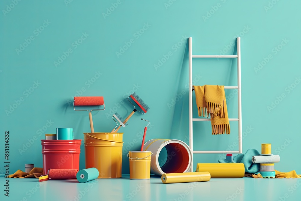 Poster a 3d rendering of various painting tools and supplies arranged on a light blue background. the image