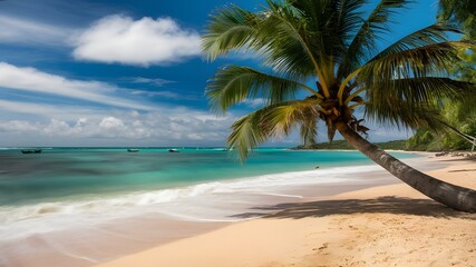 Fototapeta premium beautiful beach with palm trees and a beautiful mountain with a cloudy sky.