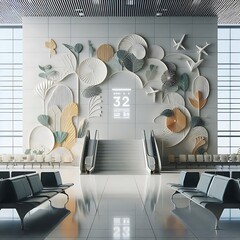 Modern commercial building interior with A large blank white screen and brown wall with a staircase and chairs engaging optimized.