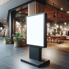 Modern commercial building interior with A large blank white screen sign in A store style interior set design informative engaging informative.