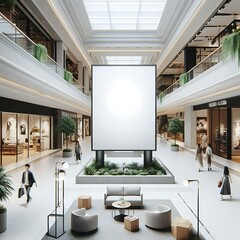 Modern commercial building interior with A large blank white screen billboard in a mall eyecatching realistic.