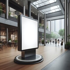 Modern commercial building interior with A large blank white screen billboard in a mall unique professional.