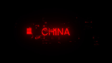 3D rendering China  text with screen effects of technological glitches